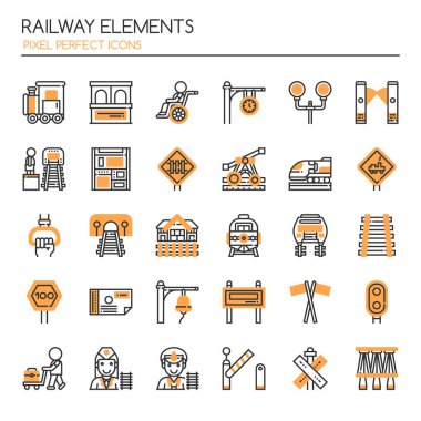 Mükemmel demiryolu öğeleri, ince çizgi ve piksel simgesi