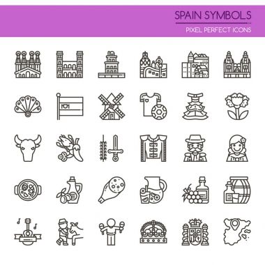 Mükemmel İspanya sembolleri, ince çizgi ve piksel simgesi