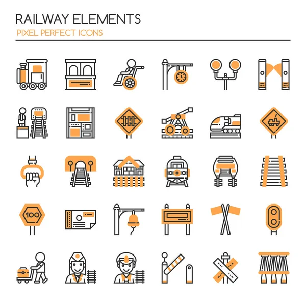 Elementos ferroviarios, línea delgada y píxel icono perfecto — Archivo Imágenes Vectoriales