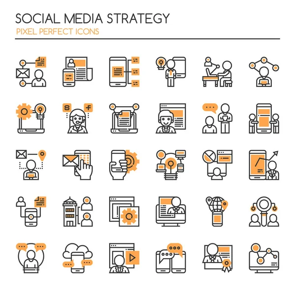 Strategi Media Sosial Elemen, Garis tipis dan Pixel Ico Sempurna - Stok Vektor