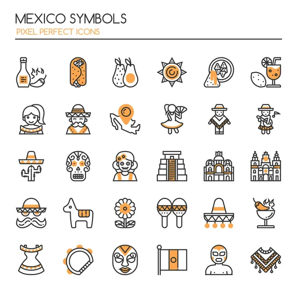 Simbol Meksiko, Garis tipis, dan Ikon Sempurna Pixel - Stok Vektor