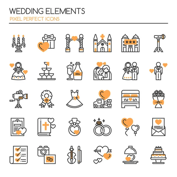 Elementos de la boda, línea delgada y píxeles iconos perfectos — Vector de stock