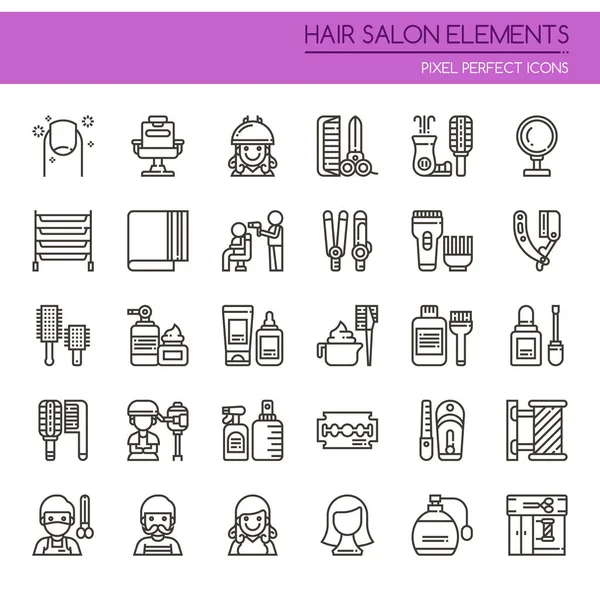 Mükemmel saç Salon öğeleri, ince çizgi ve piksel simgesi — Stok Vektör