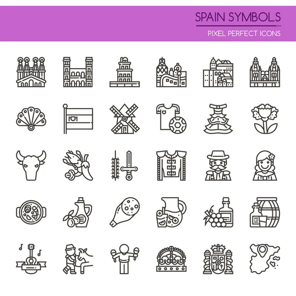 スペインのシンボル、細い線とピクセル パーフェクト アイコン — ストックベクタ