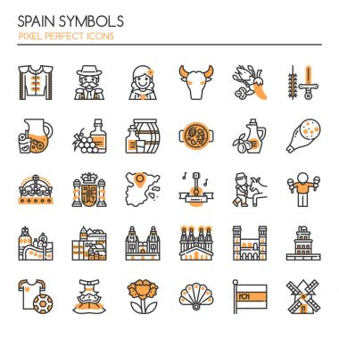 Mükemmel İspanya sembolleri, ince çizgi ve piksel simgesi