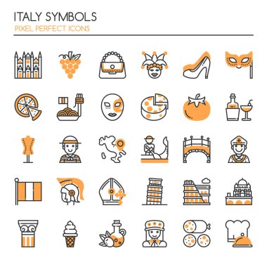 Mükemmel İtalya sembolleri, ince çizgi ve piksel simgeler