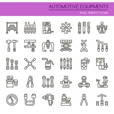 Mükemmel simge otomotiv ekipmanları, ince çizgi ve piksel