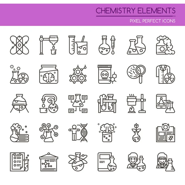 Elementos Químicos, Línea Delgada y Pixel Icono Perfecto — Vector de stock