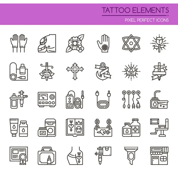 Elementos de tatuaje, línea delgada y píxel icono perfecto — Vector de stock