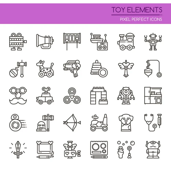 Elementos de juguete, línea delgada y píxel icono perfecto — Vector de stock