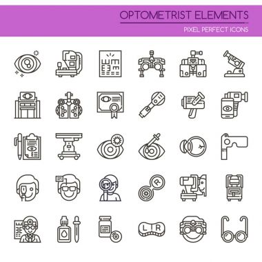Optometrist Elementler, İnce Çizgi ve Piksel Mükemmel Simge