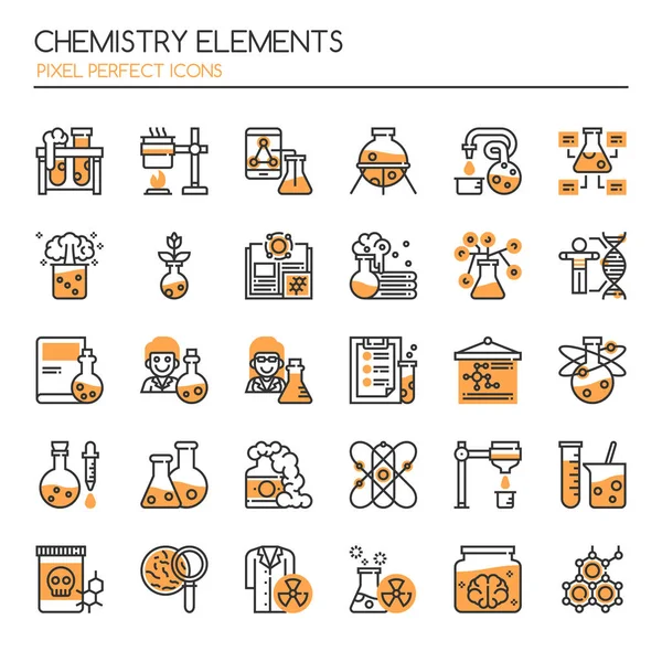 Elementos Químicos, Línea Delgada y Pixel Icono Perfecto — Vector de stock