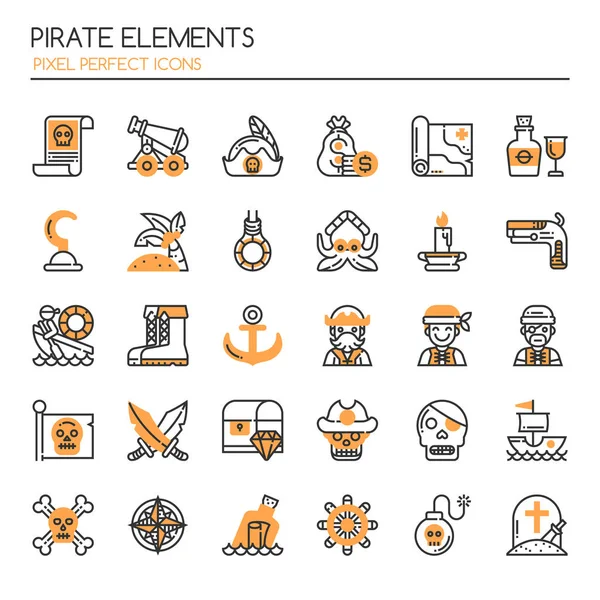 Elementos piratas, línea delgada y píxeles iconos perfectos — Vector de stock