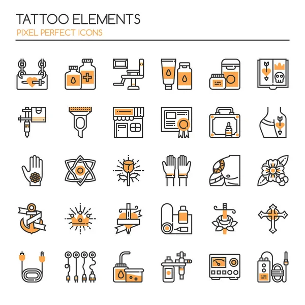 Tetoválás, elemeit, a vékony vonal és a Pixel tökéletes ikonok — Stock Vector