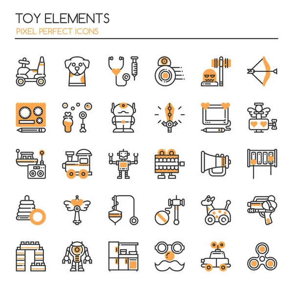 Elementos de brinquedo, linha fina e ícones perfeitos de pixel — Vetor de Stock