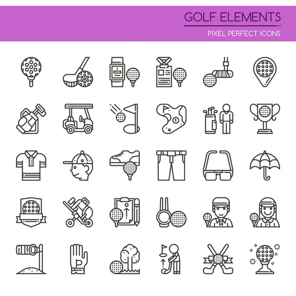 Elementos de Golf, Línea Delgada y Pixel Icono Perfecto — Archivo Imágenes Vectoriales