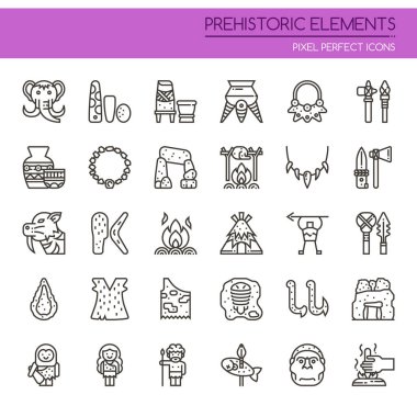 Mükemmel tarih öncesi öğeleri, ince çizgi ve piksel simgesi