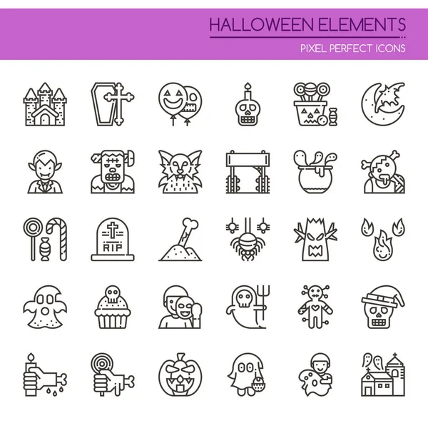 Halloween elemek, a vékony vonal és a Pixel tökéletes ikon — Stock Vector