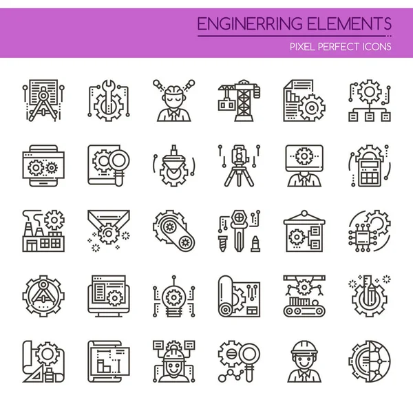 Elementos de Ingeniería, Línea Delgada y Pixel Icono Perfecto — Vector de stock