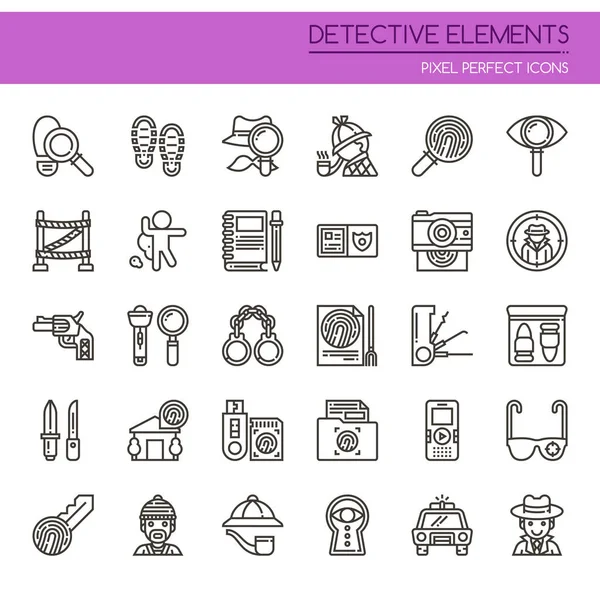 Elementos Detective, Línea Delgada y Pixel Icono Perfecto — Archivo Imágenes Vectoriales