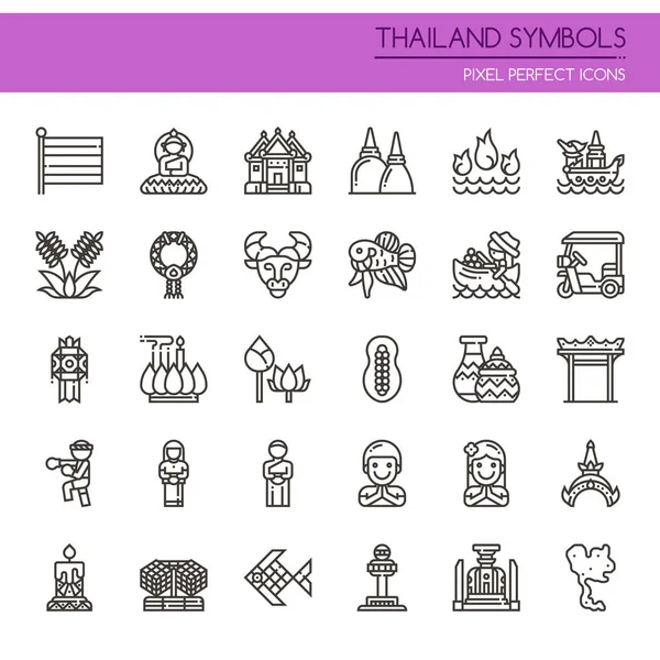 Tailandia Símbolos, delgada línea y píxel icono perfecto — Vector de stock