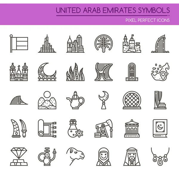 Verenigde Arabische Emiraten symbolen, dunne lijn en Pixel Perfect pictogrammen — Stockvector