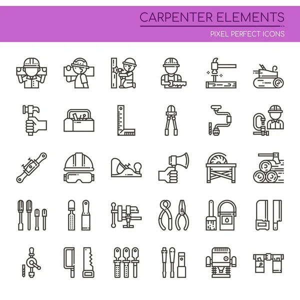 Elementos do carpinteiro, linha fina e ícone perfeito do pixel — Vetor de Stock