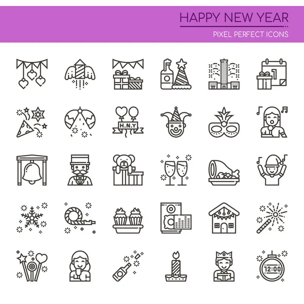 Feliz Año Nuevo elementos, línea delgada y píxel icono perfecto — Archivo Imágenes Vectoriales