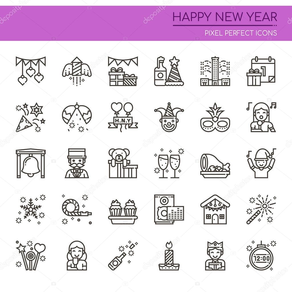 Happy New Year Elements , Thin Line and Pixel Perfect Icon