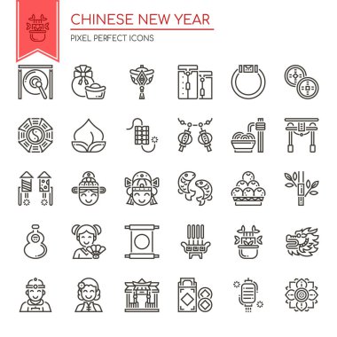 Çin Yeni Yıl Elementleri, İnce Çizgi ve Piksel Mükemmel Simge