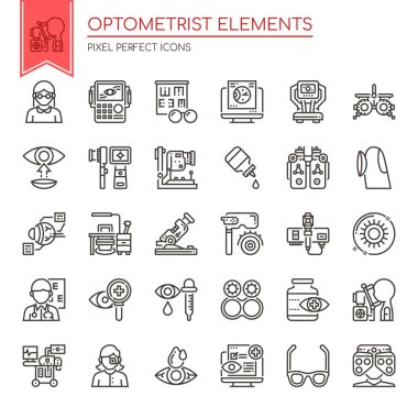 Optometrist Elementler, İnce Çizgi ve Piksel Mükemmel Simge