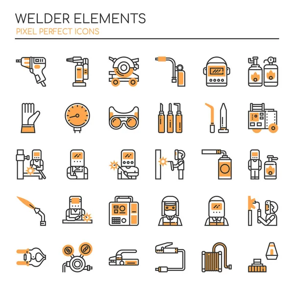 Elementos de soldador, línea delgada y píxel icono perfecto — Vector de stock