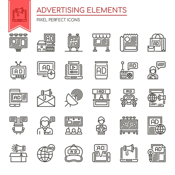 Elementos publicitários, linha fina e ícone perfeito do pixel —  Vetores de Stock