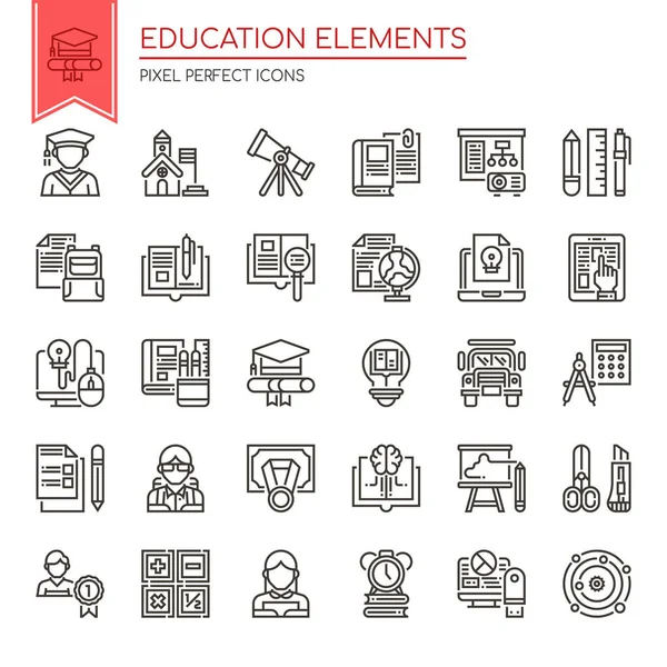 Elementos educativos, línea delgada y píxel Icono perfecto — Vector de stock