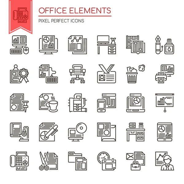 Elementos de escritório, linha fina e ícone perfeito do pixel —  Vetores de Stock