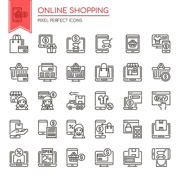 Compras en línea, línea delgada y píxel icono perfecto — Archivo Imágenes Vectoriales