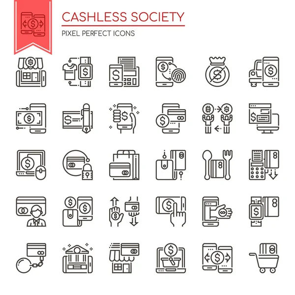 Cashless Κοινωνία, λεπτή γραμμή και Pixel τέλεια εικόνα — Διανυσματικό Αρχείο