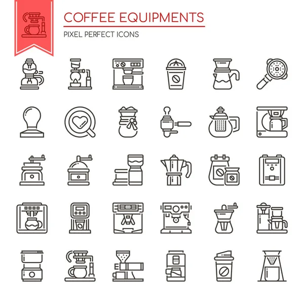 咖啡设备、细线和Pixel完美图标 — 图库矢量图片
