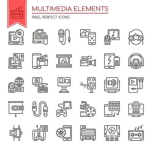 Elementos multimedia, línea delgada y píxel Icono perfecto — Vector de stock