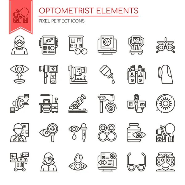 Elementos Optometrist, linha fina e ícone perfeito do pixel — Vetor de Stock