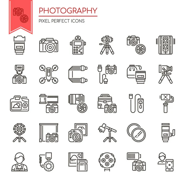 Elementos de Fotografía, Línea Delgada y Pixel Icono Perfecto — Vector de stock