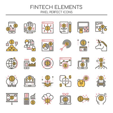 Fintech Elementleri, İnce Çizgi ve Piksel Mükemmel Simge