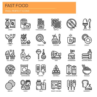 Fast Food Elementleri, İnce Hat ve Piksel Mükemmel Simge