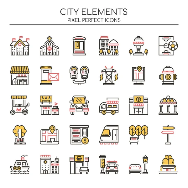 Elemen Kota, Garis Tipis dan Ikon Sempurna Pixel - Stok Vektor