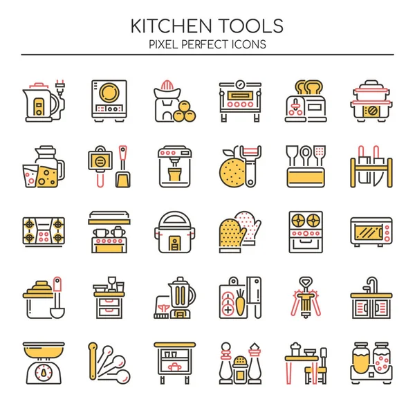 Herramientas de cocina, línea delgada y píxel icono perfecto — Vector de stock