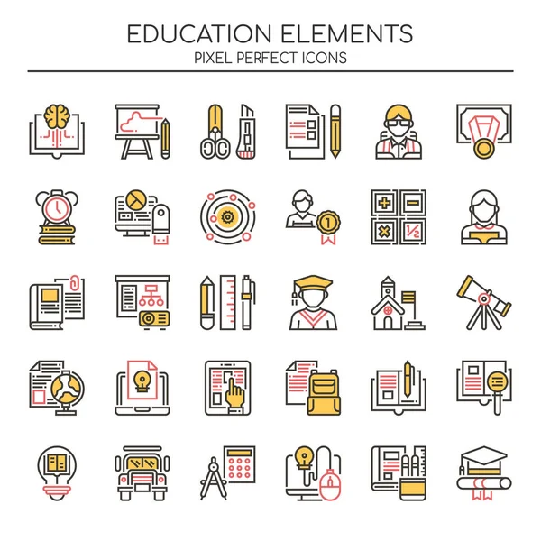 Elementos educativos, línea delgada y píxel Icono perfecto — Vector de stock