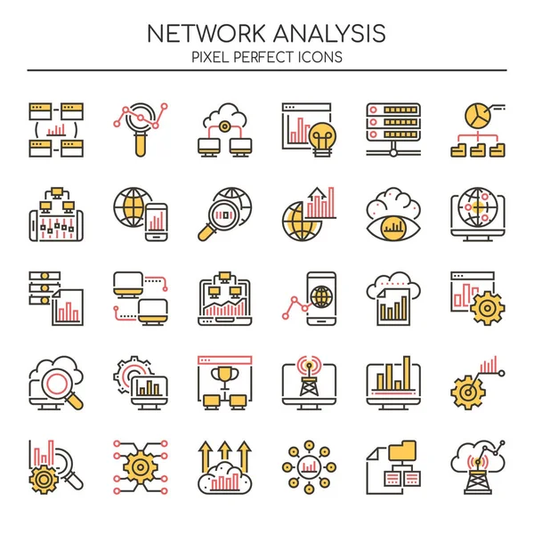 Análisis de red, línea delgada y píxeles Icono perfecto — Vector de stock