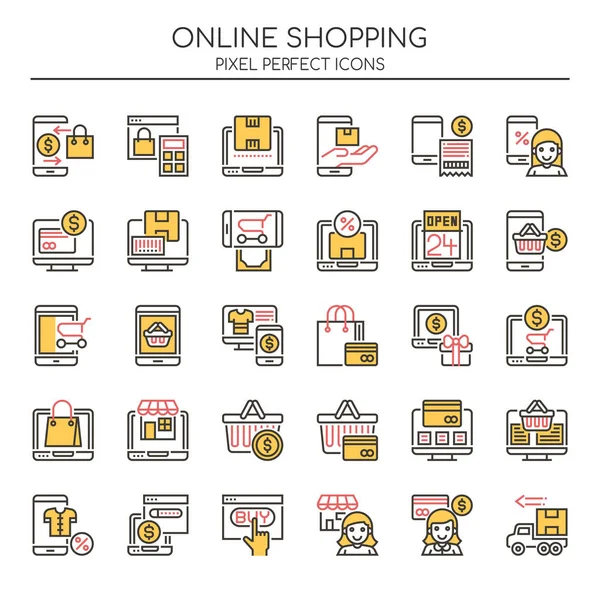 Compras en línea, línea delgada y píxel icono perfecto — Archivo Imágenes Vectoriales