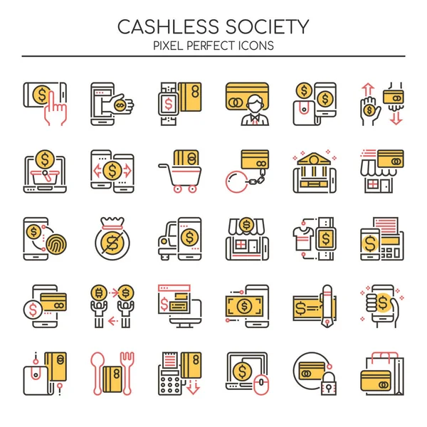 Sociedad sin efectivo, línea delgada y píxel icono perfecto — Vector de stock