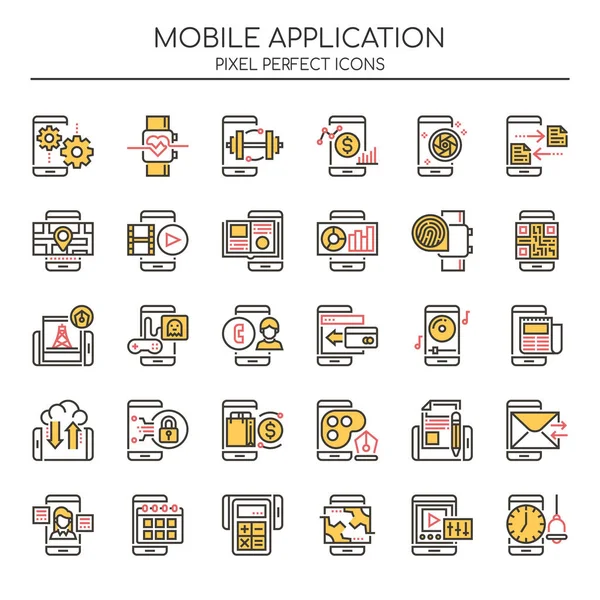 Aplicación móvil, línea delgada y píxel icono perfecto — Vector de stock